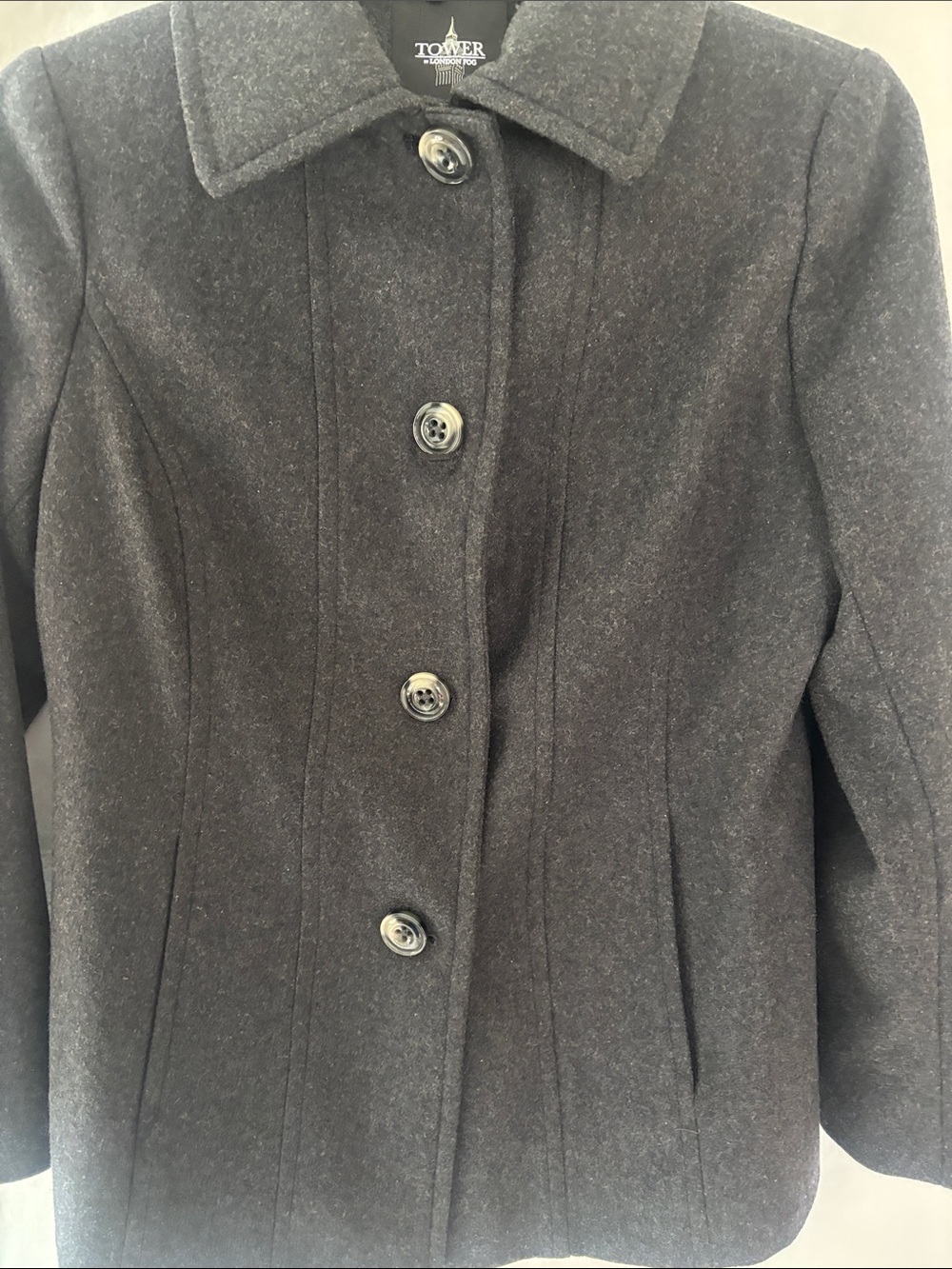 London Fog Dark Charcoal Wool-Blend Pea Coat Size S.  61% Wool